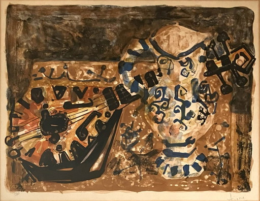 Paul Augustin Aïzpiri - Nature Morte À La Guitare (Lithographie couleur)