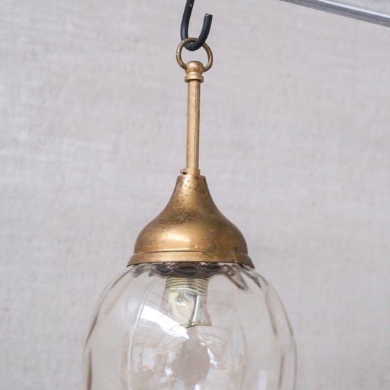 Image 1 of Lampe suspendue vintage en laiton et verre ondulé, France 1950