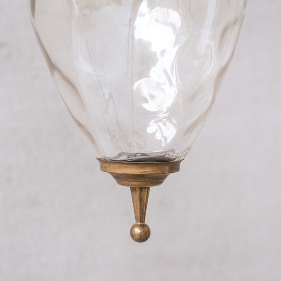 Image 1 of Lampe suspendue vintage en laiton et verre ondulé, France 1950
