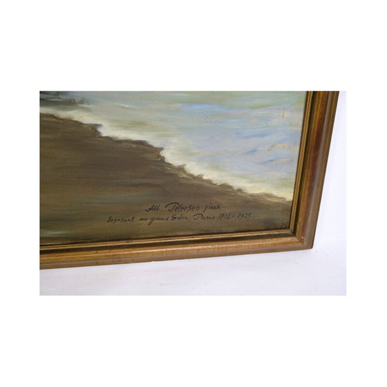 Image 1 of Peinture à l'huile vintage deux pêcheurs avec un bateau et la mer, 1915-1929