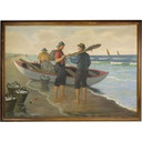Peinture à l'huile vintage deux pêcheurs avec un bateau et la mer, 1915-1929