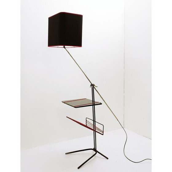 Image 1 of Lampadaire Mid Century avec table en verre noir
