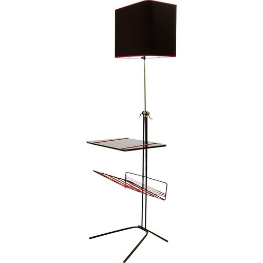 Lampadaire Mid Century avec table en verre noir