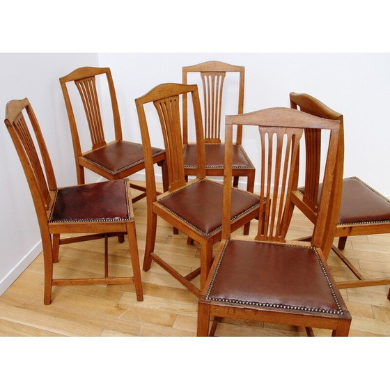 Image 1 of Ensemble de 6 chaises de salle à manger vintage en bois verni et assise en cuir marron