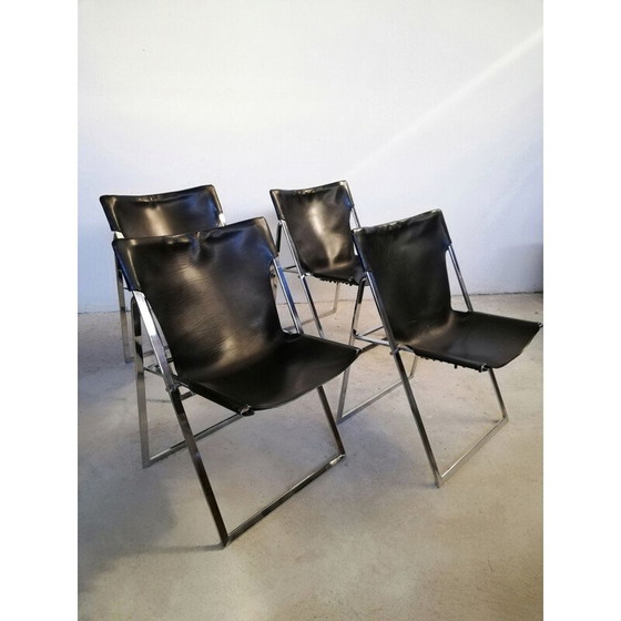 Image 1 of Ensemble de 4 chaises pliantes en cuir vintage par Marcello Cuneo pour Amar, 1970