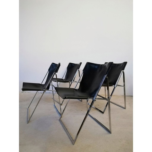 Ensemble de 4 chaises pliantes en cuir vintage par Marcello Cuneo pour Amar, 1970