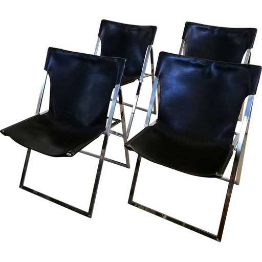 Ensemble de 4 chaises pliantes en cuir vintage par Marcello Cuneo pour Amar, 1970