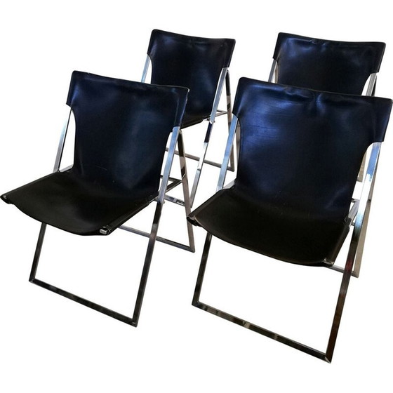 Image 1 of Ensemble de 4 chaises pliantes en cuir vintage par Marcello Cuneo pour Amar, 1970