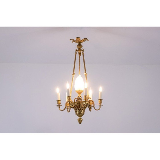 Image 1 of Lustre vintage en bronze doré avec 6 bras de lumière, 1900