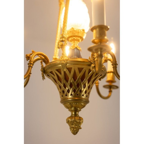 Image 1 of Lustre vintage en bronze doré avec 6 bras de lumière, 1900