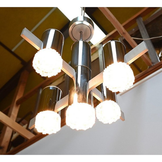 Image 1 of Lustre vintage en chrome poli et aluminium avec 5 bras de lumière par Gaetano Sciolari, Italie 1960