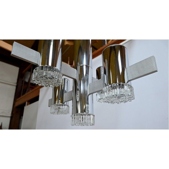 Image 1 of Lustre vintage en chrome poli et aluminium avec 5 bras de lumière par Gaetano Sciolari, Italie 1960