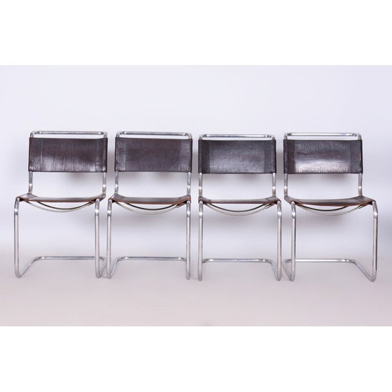 Image 1 of Ensemble de 4 chaises Bauhaus vintage en cuir et chrome, Allemagne 1930