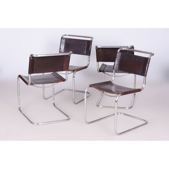 Image 1 of Ensemble de 4 chaises Bauhaus vintage en cuir et chrome, Allemagne 1930