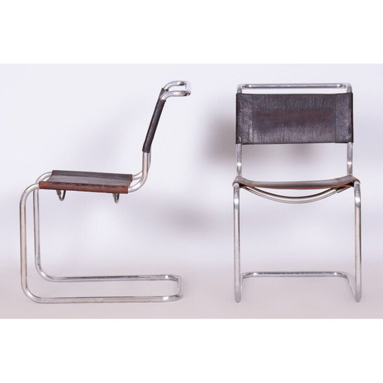 Image 1 of Ensemble de 4 chaises Bauhaus vintage en cuir et chrome, Allemagne 1930