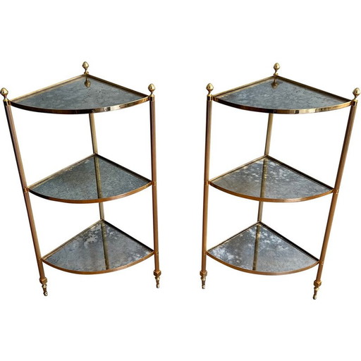 Paire de bouts de canapé vintage en métal doré avec dessus en miroir églomisé