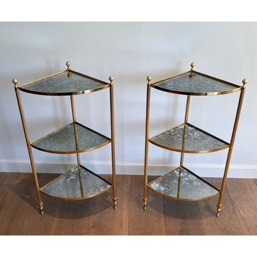 Paire de bouts de canapé vintage en métal doré avec dessus en miroir églomisé