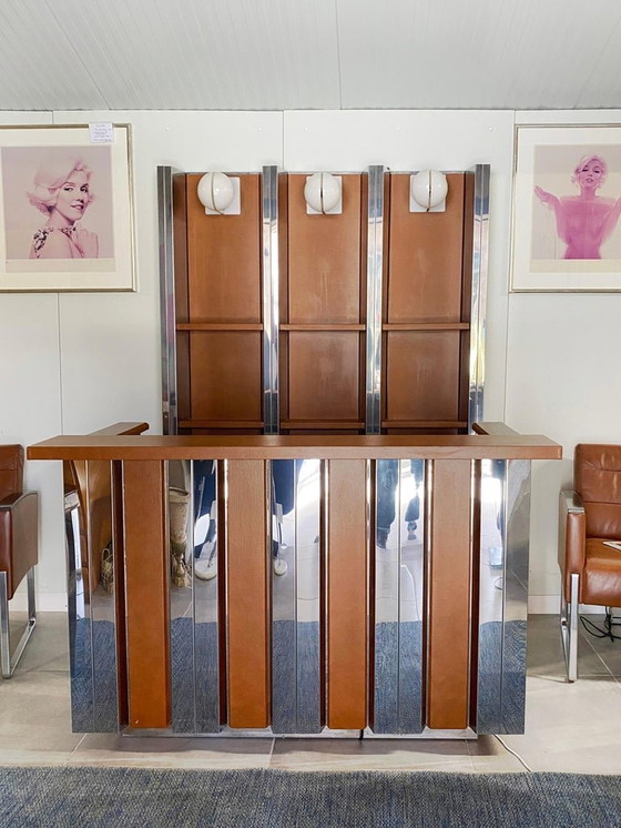 Image 1 of Willy Rizzo Bar exceptionnel et rare de Willy Rizzo en cuir et acier inoxydable