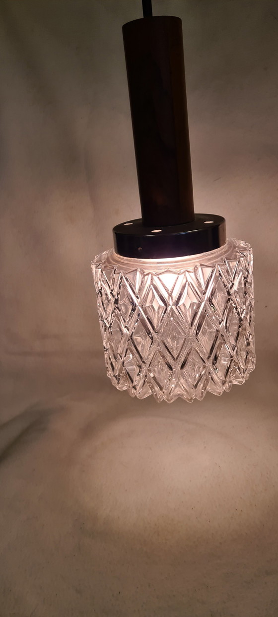 Image 1 of Mid Century Lampe en verre cristal Monture bois 60/70Er Simple flamme