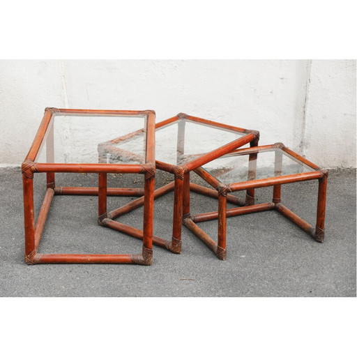 Tables gigognes vintage en rotin et verre