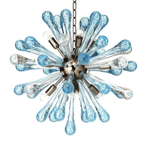 Lustre Spoutnik en verre de Murano bleu clair et transparent avec gouttes d'air