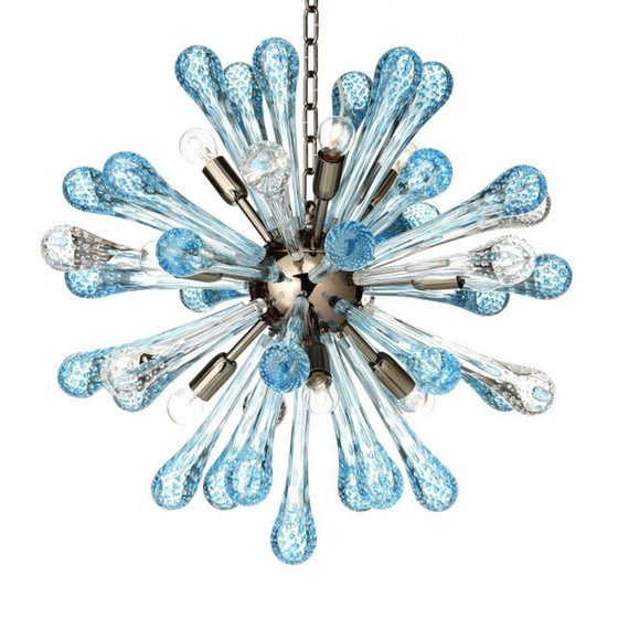 Image 1 of Lustre Spoutnik en verre de Murano bleu clair et transparent avec gouttes d'air