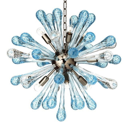 Lustre Spoutnik en verre de Murano bleu clair et transparent avec gouttes d'air