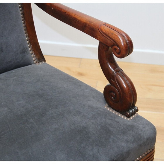 Image 1 of Fauteuil vintage en bois foncé et velours gris