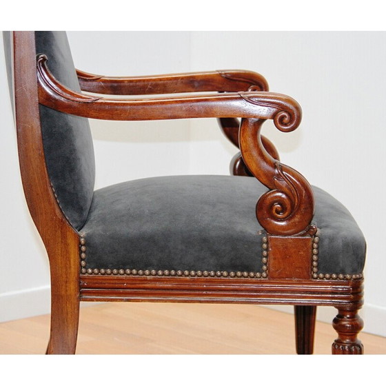 Image 1 of Fauteuil vintage en bois foncé et velours gris