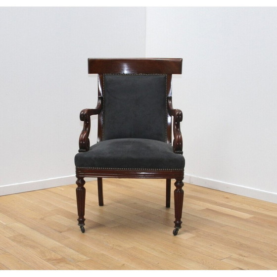 Image 1 of Fauteuil vintage en bois foncé et velours gris