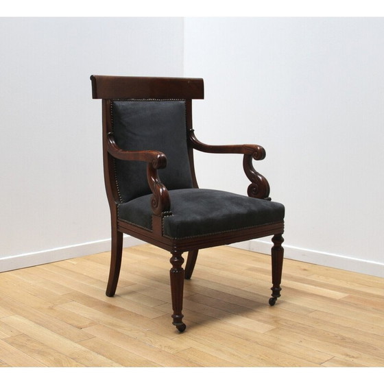 Image 1 of Fauteuil vintage en bois foncé et velours gris