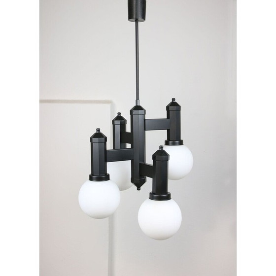 Image 1 of Suspension géométrique vintage en verre noir et opaline