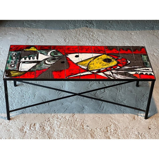 Image 1 of Table basse vintage en céramique et fer forgé noir par Janette et Georges Picard, 1960