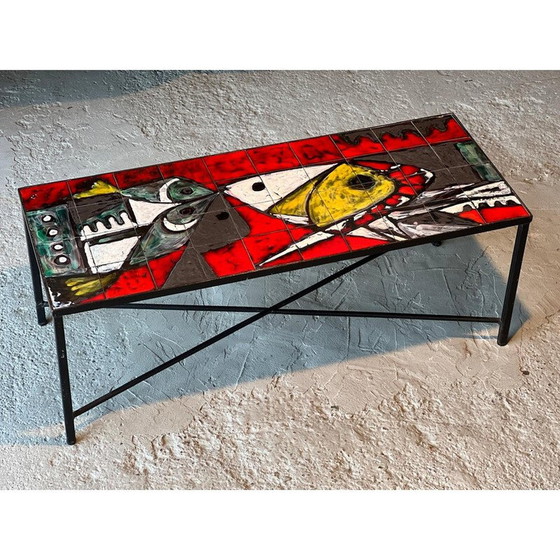 Image 1 of Table basse vintage en céramique et fer forgé noir par Janette et Georges Picard, 1960