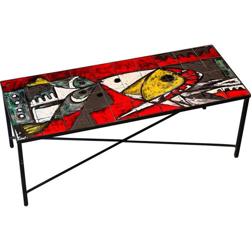 Table basse vintage en céramique et fer forgé noir par Janette et Georges Picard, 1960