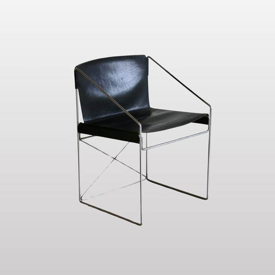 Image 1 of Paire de fauteuils vintage en fer chromé mat et sièges en cuir noir, Italie 1980
