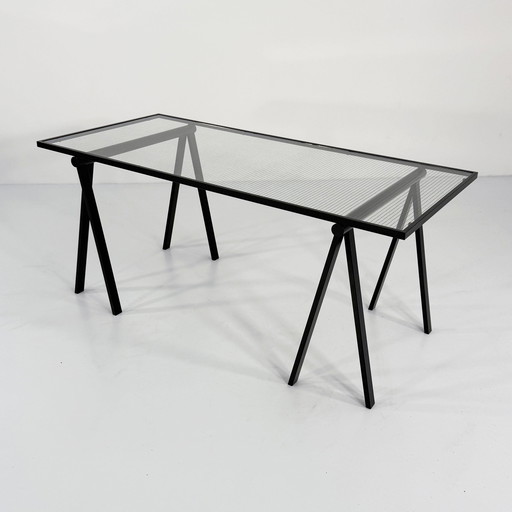 Bureau à tréteaux en acier et verre par Rodney Kinsman pour Bieffeplast, 1980S