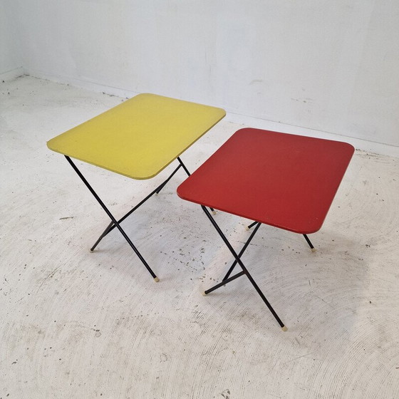 Image 1 of Paire de tables d'appoint vintage en métal et bois pour Pilastro, 1960s