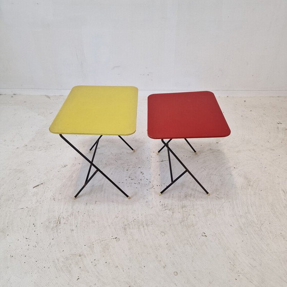 Image 1 of Paire de tables d'appoint vintage en métal et bois pour Pilastro, 1960s