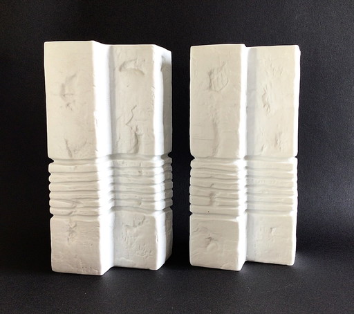 2 Vases Biscuit Brutalist Fossil Rolled 1970