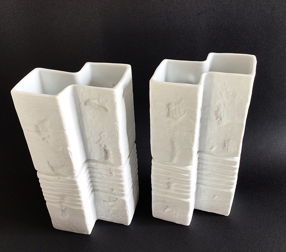 Image 1 of 2 Vases Biscuit Brutalist Fossil Rolled 1970