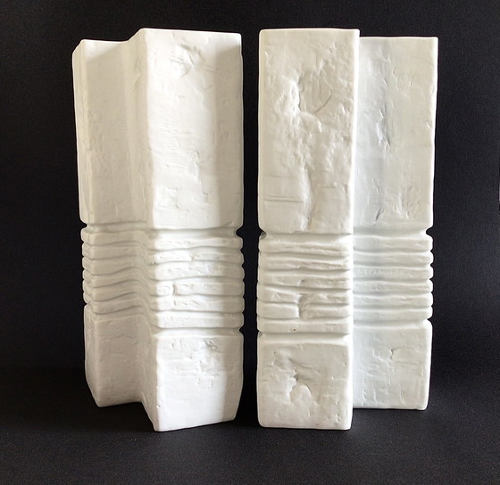 Image 1 of 2 Vases Biscuit Brutalist Fossil Rolled 1970