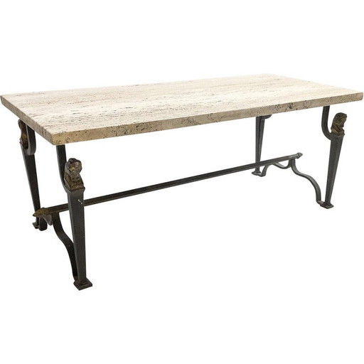 Table basse vintage en fer forgé et travertin, années 1940