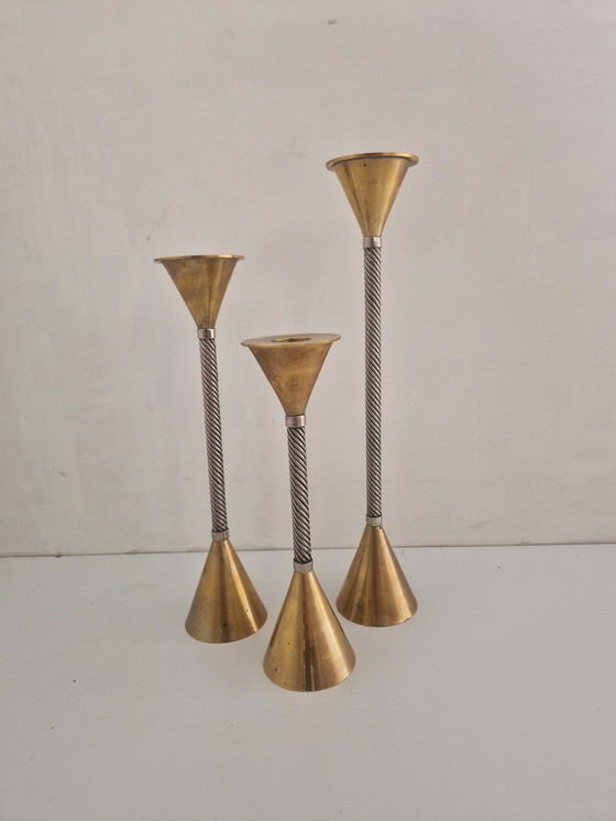 Image 1 of Bougeoirs vintage en laiton et métal, 1980S, lot de 3
