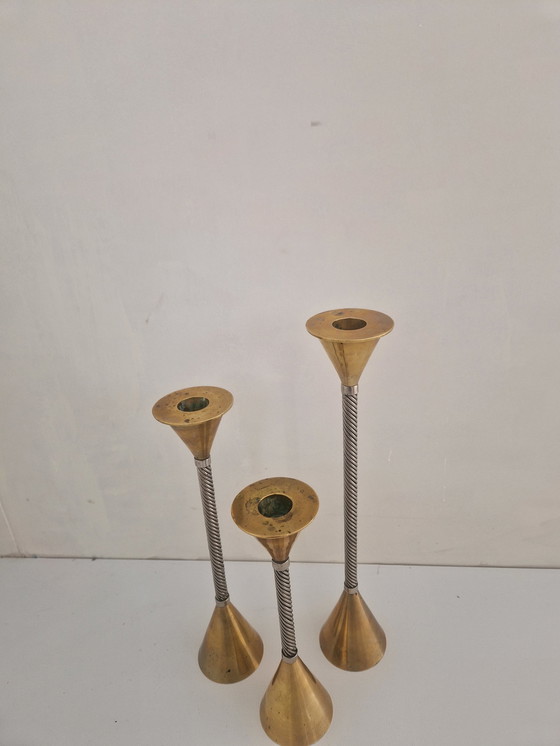 Image 1 of Bougeoirs vintage en laiton et métal, 1980S, lot de 3
