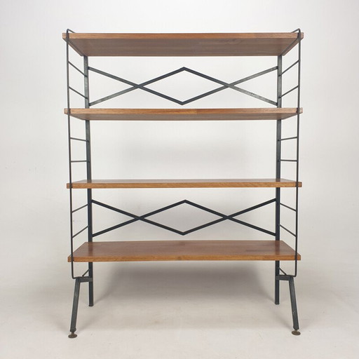 Etagère vintage en bois et laiton, Italie 1950