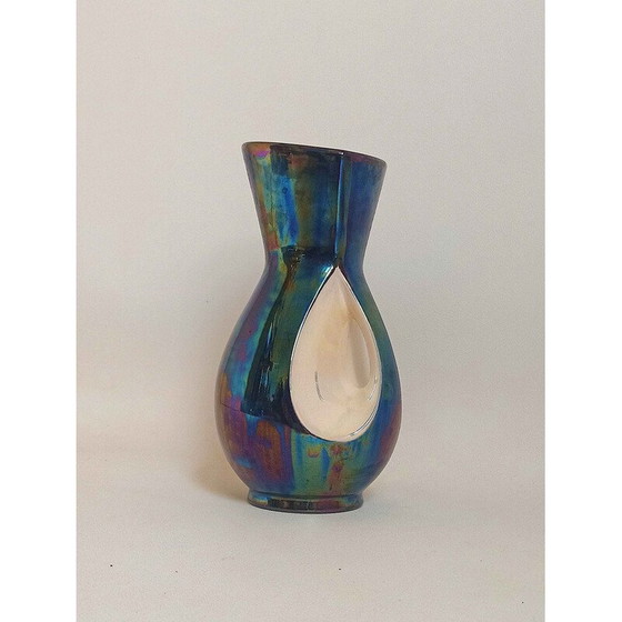 Image 1 of Vase vintage en céramique bleue bicolore pour Verceram, France 1960