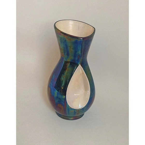 Image 1 of Vase vintage en céramique bleue bicolore pour Verceram, France 1960