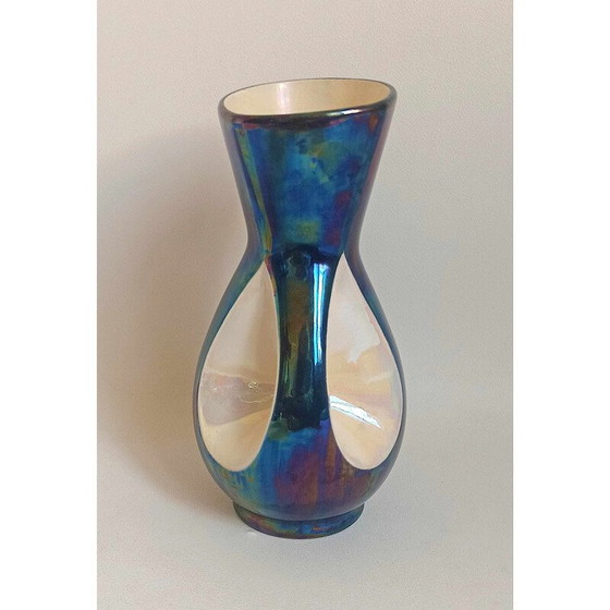 Image 1 of Vase vintage en céramique bleue bicolore pour Verceram, France 1960