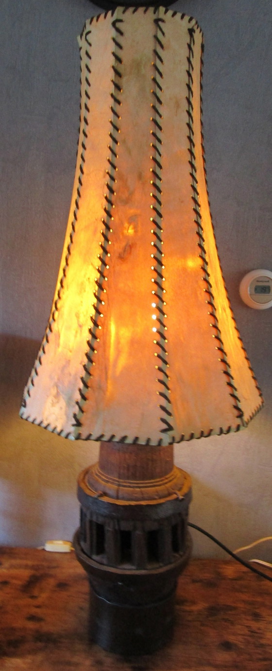 Image 1 of Vintage Rare Heavy Antique Wagon Wheel Ash Lamp With Genuine Leather Lampshade
